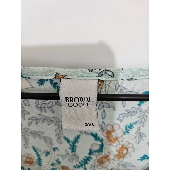 Brown Coco Womens 3XL Teal Floral Boho Babydoll Blouse V-Neck Tie Rayon Top - Picture 3 of 5